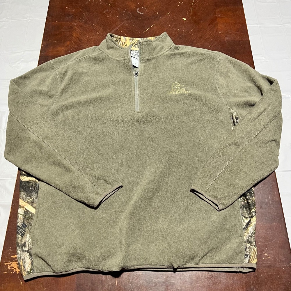 Ducks Unlimited Mens XL Fleece Quarter Zip Pullover Olive Green Camo Embroidered